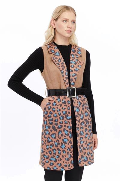 Apsen Kadın Açık Vizon Dijital Baskılı Süet Kumaş Kemer Detaylı Yelek 8023-95 