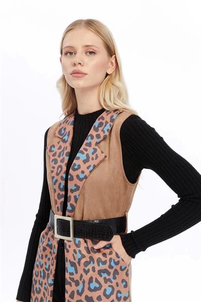 Apsen Kadın Açık Vizon Dijital Baskılı Süet Kumaş Kemer Detaylı Yelek 8023-95 