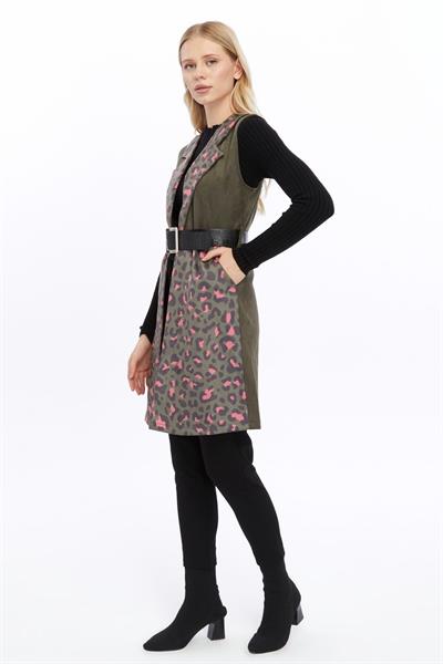 Apsen Kadın Haki Dijital Baskılı Süet Kumaş Kemer Detaylı Yelek 8023-95 