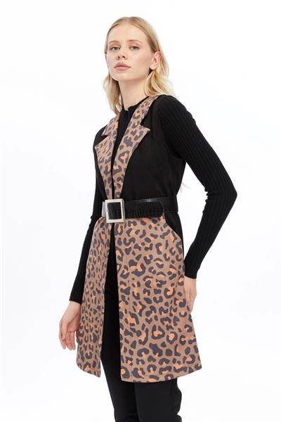 Apsen Kadın Siyah Dijital Baskılı Süet Kumaş Kemer Detaylı Yelek 8023-95 