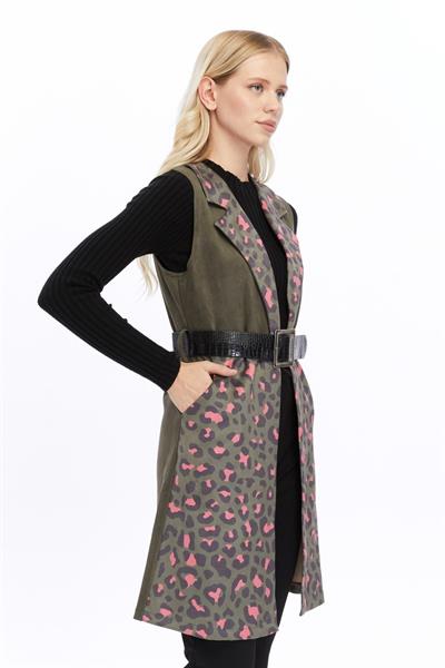 Apsen Kadın Haki Dijital Baskılı Süet Kumaş Kemer Detaylı Yelek 8023-95 