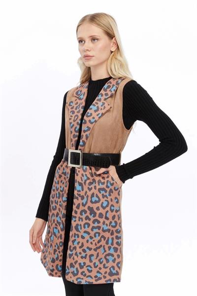 Apsen Kadın Açık Vizon Dijital Baskılı Süet Kumaş Kemer Detaylı Yelek 8023-95 