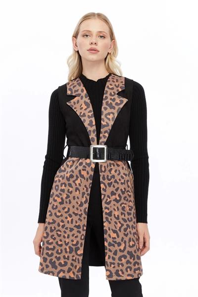 Apsen Kadın Siyah Dijital Baskılı Süet Kumaş Kemer Detaylı Yelek 8023-95 