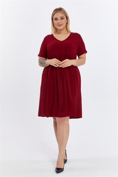 Kadın V Yaka Büzgü Detaylı midi Yazlık büyük Beden Elbise 4424/105