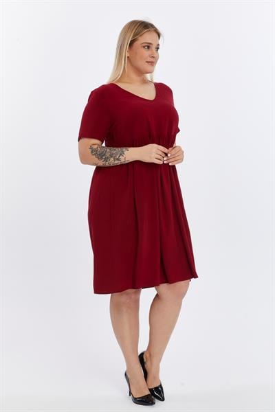 Kadın V Yaka Büzgü Detaylı midi Yazlık büyük Beden Elbise 4424/105