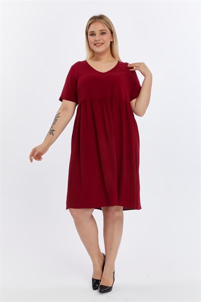 Kadın V Yaka Büzgü Detaylı midi Yazlık büyük Beden Elbise 4424/105