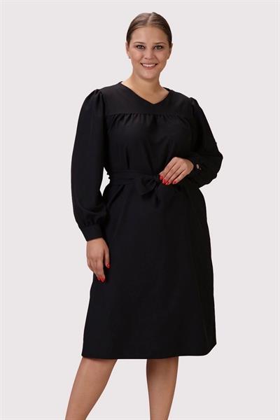 Kadın V Yaka Detaylı Büzgülü Manşetli Uzun Kol Mevsimlik Midi Boy Büyük Beden Elbise 4409/110