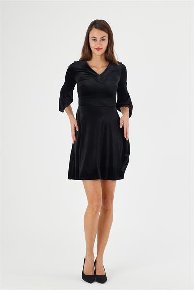 Kadın v Yaka Kolu Volan Detaylı Kadife Kısa Elbise 4460/95