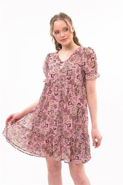 Apsen Kadın Pudra Yeni Sezon Büzgü Detaylı Çiçek Desenli Şifon Elbise 4316-95 