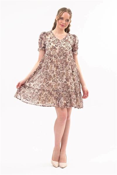 Apsen  Kadın Bej Yeni Sezon Büzgü Detaylı Çiçek Desenli Şifon Elbise 4316-95