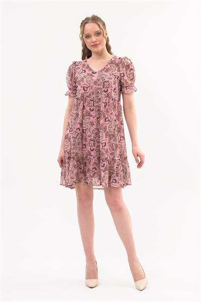 Apsen Kadın Pudra Yeni Sezon Büzgü Detaylı Çiçek Desenli Şifon Elbise 4316-95 