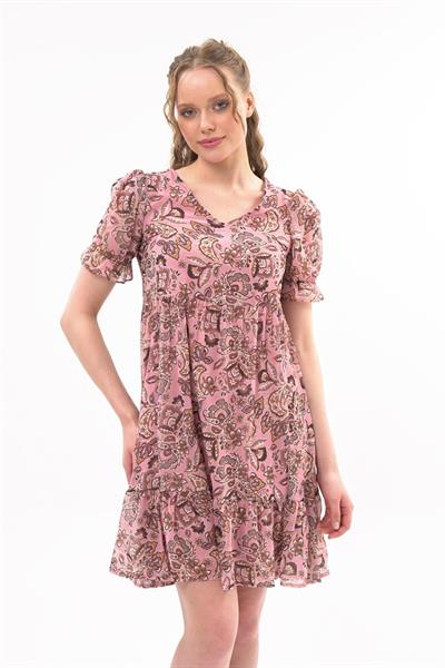 Apsen Kadın Pudra Yeni Sezon Büzgü Detaylı Çiçek Desenli Şifon Elbise 4316-95 