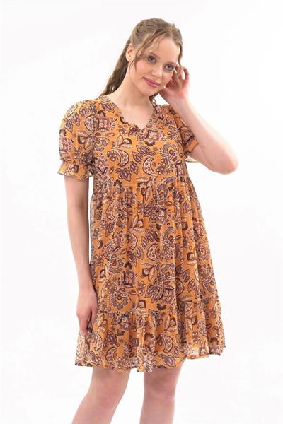 Apsen  Kadın Hardal Yeni Sezon Büzgü Detaylı Çiçek Desenli Şifon Elbise 4316-95