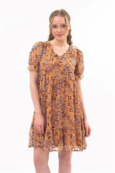 Apsen  Kadın Hardal Yeni Sezon Büzgü Detaylı Çiçek Desenli Şifon Elbise 4316-95