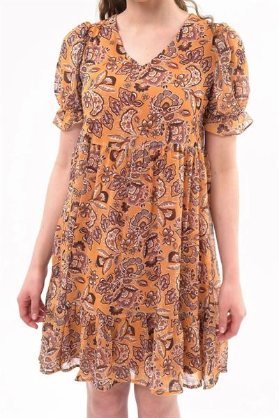 Apsen  Kadın Hardal Yeni Sezon Büzgü Detaylı Çiçek Desenli Şifon Elbise 4316-95