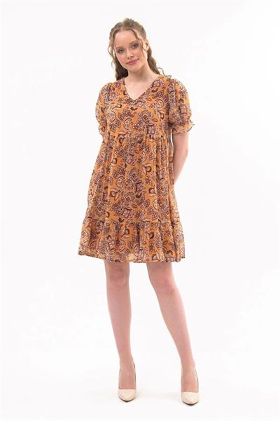 Apsen  Kadın Hardal Yeni Sezon Büzgü Detaylı Çiçek Desenli Şifon Elbise 4316-95