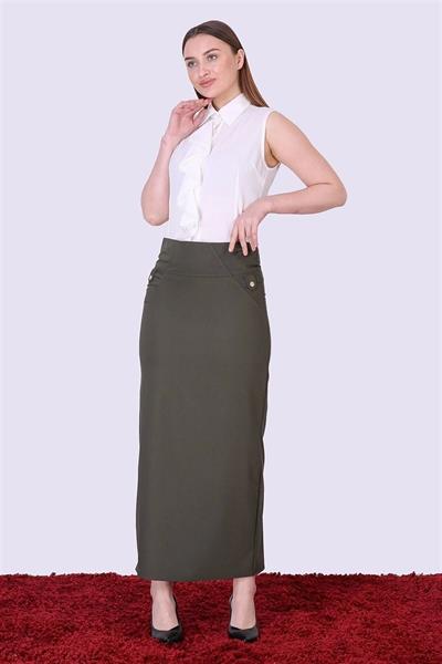 Apsen Kadın Haki Yeni Sezon Düğme Detaylı Kalem Etek 2104-95