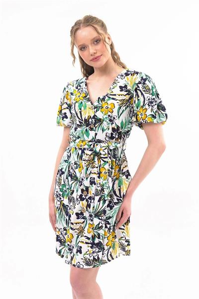 Kadın Yeni Sezon Kuşaklı Düğme Detaylı Desenli Viskon Elbise 4391/95