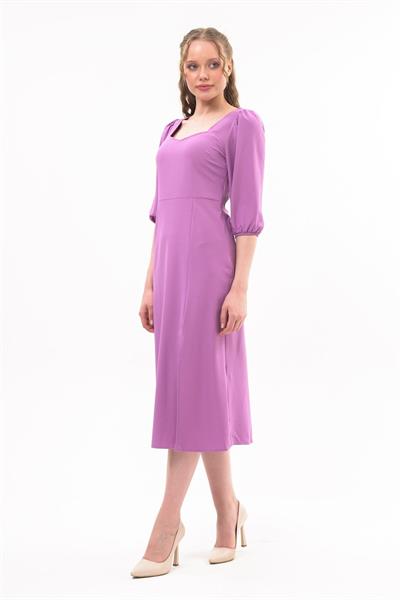Kadın Yırtmaç Detaylı Beşgen Yaka Midi Krep Elbise 4444/120