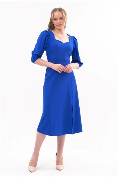 Kadın Yırtmaç Detaylı Beşgen Yaka Midi Krep Elbise 4444/120