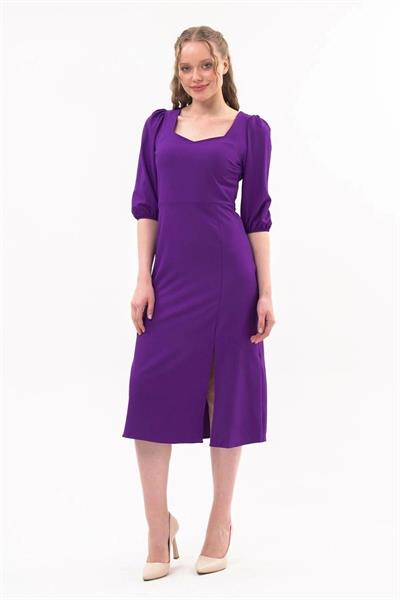 Kadın Yırtmaç Detaylı Beşgen Yaka Midi Krep Elbise 4444/120