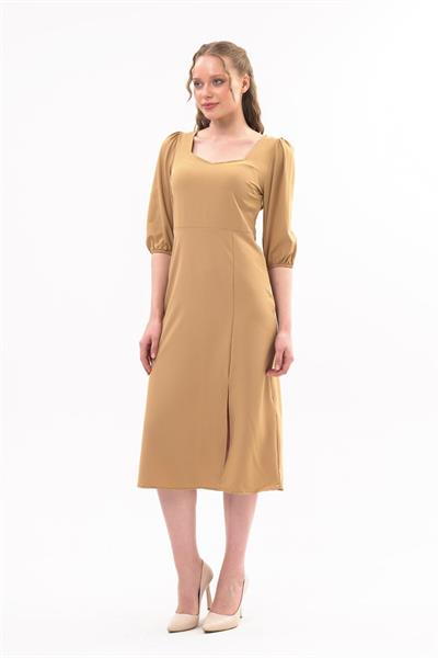 Kadın Yırtmaç Detaylı Beşgen Yaka Midi Krep Elbise 4444/120
