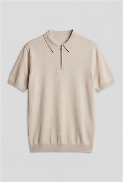 BEJ POLO YAKA FERMUARLI RAYON TİŞÖRT