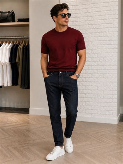 BORDO BİSİKLET YAKA RAYON TRİKO