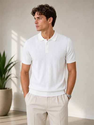 EKRU POLO YAKA DESENLİ RAYON TRİKO