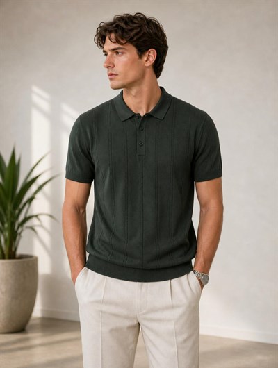 HAKİ POLO YAKA DESENLİ RAYON TRİKO