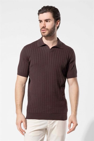 KAHVE DELİKLİ POLO YAKA PAMUK TRİKO TİŞÖRT