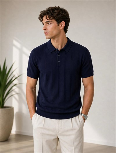 LACİVERT POLO YAKA DESENLİ RAYON TRİKO