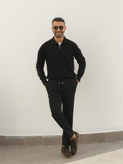 SİYAH YAKALI FERMUARLI %100 PAMUK TRİKO