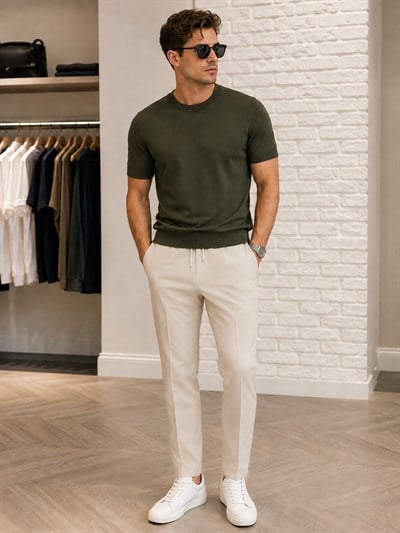 SLİMFİT BEJ POLİVİSKON LİKRALI JOGGER PANTOLON