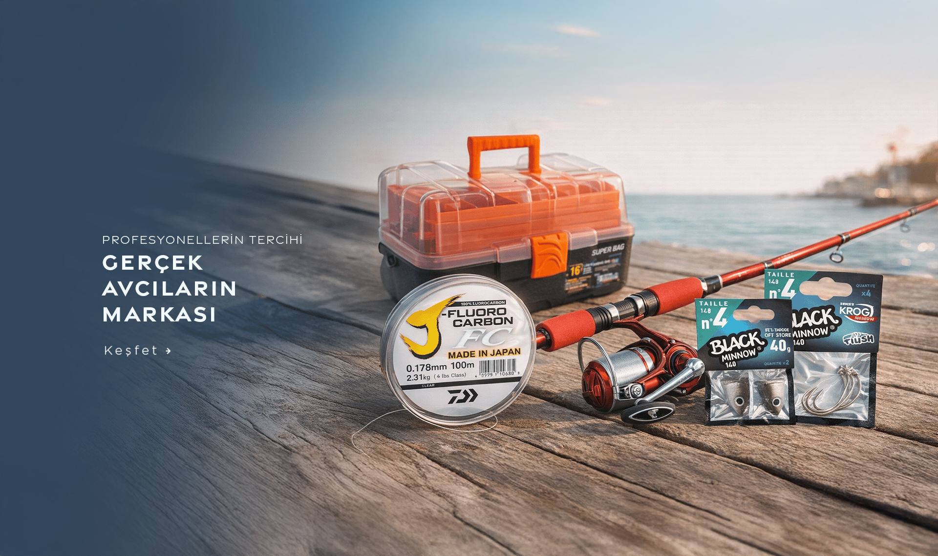 Balıkçı takım kutusu, fluorocarbon misina, olta makinesi ve Black Minnow silikon yemler