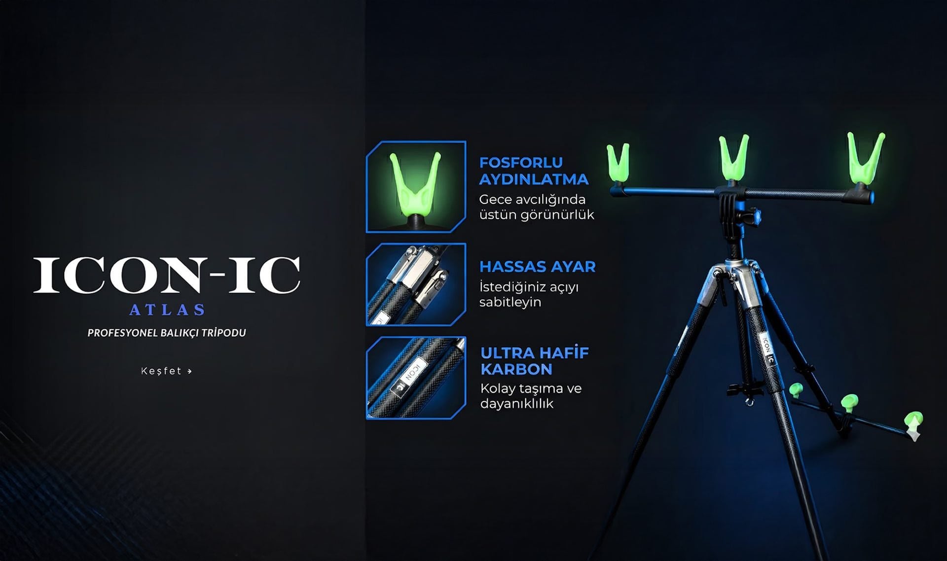 ICON-IC Atlas profesyonel balıkçı tripodu — fosforlu başlık, karbon gövde, ayarlanabilir açı