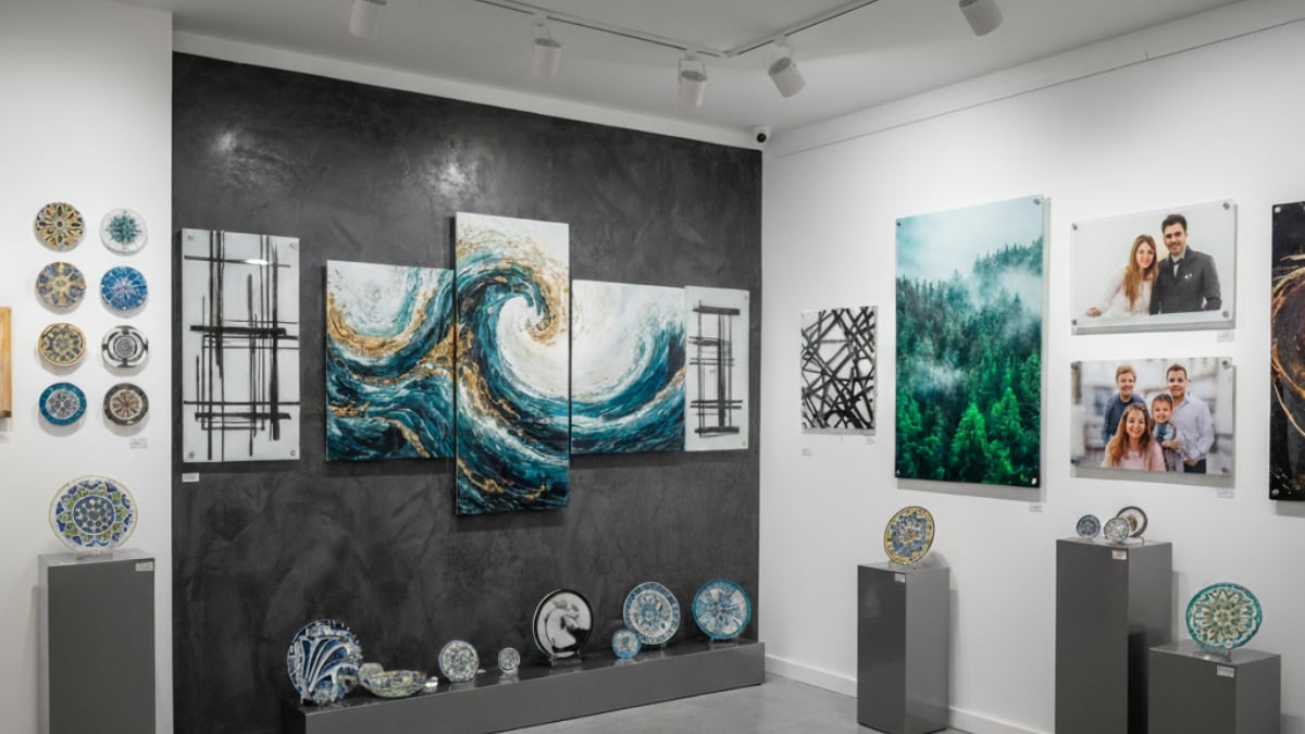 Modern bir sanat galerisinde sergilenen, çok parçalı dalga temalı kanvas tablo, kişiye özel cam tablo modelleri ve dekoratif seramik duvar tabakları.