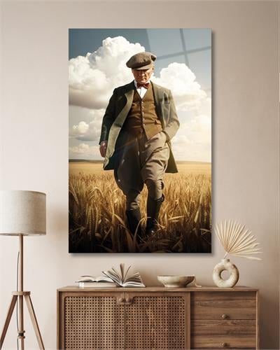 Atatürk Portre Başak Tarlası Cam Tablo Modern Ofis Makam Odası Hediyelik Büyük Tablo Duvar Dekoru 