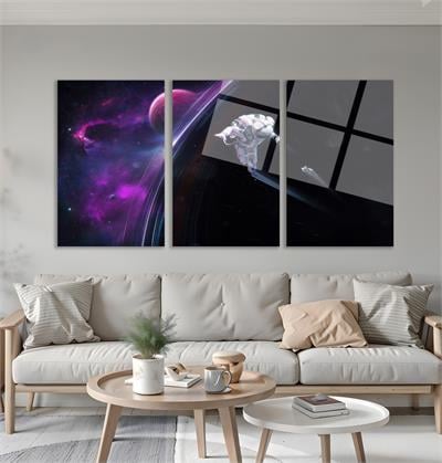 Ayda Gezen Astronot  Cam Tablo  Modern Ofis Makam Odası Hediyelik Büyük Tablo Duvar Dekoru 