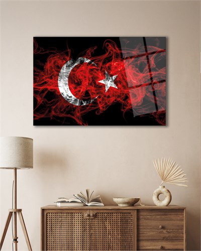 Duman Efektli Ay Yıldız Türk Bayrağı Temperli Cam Tablo