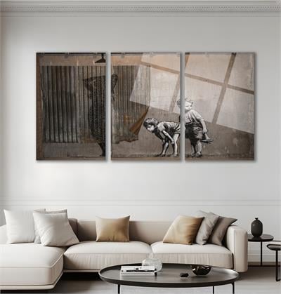 Duş Alan Kadını Gözetleyen Çocuklar Cam Tablo  Modern Ofis Makam Odası Hediyelik Büyük Tablo Duvar Dekoru 