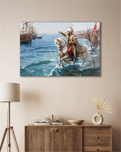 Fatih Sultan Mehmet Cam Tablo | Osmanlı Deniz Seferi Temalı Temperli Cam Duvar Tablosu | 4 mm Dekoratif Cam Tablo