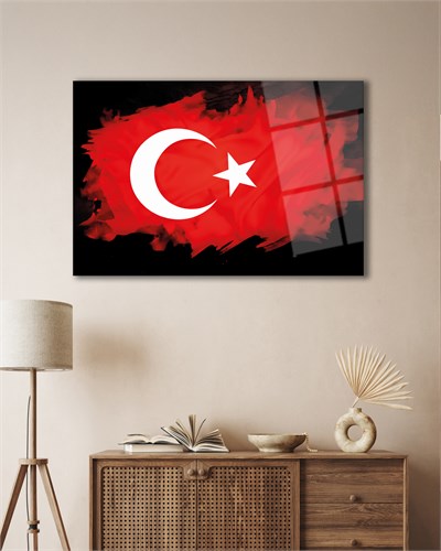 Fırça Darbesi Ay Yıldız Türk Bayrağı Temperli Cam Tablo