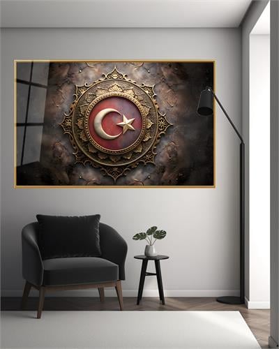 Modern Türk Bayrağı Cam Tablo Ev Ofis Makam Odası Büyük Boy Duvar Dekoru