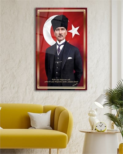 Mustafa Kemal Atatürk ve Türk Bayrağı Cam Tablo | Atatürk Sözlü Duvar Tablosu | 4 mm Temperli Cam Tablo
