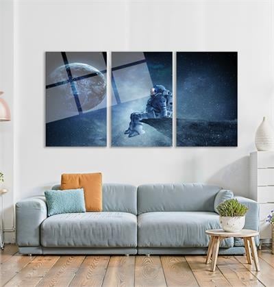 Soyut  Astronot,Uzay ve Dünya Cam Tablo  Modern Ofis Makam Odası Hediyelik Büyük Tablo Duvar Dekoru 