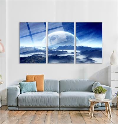 Soyut Dağların Üzerindeki Gökyüzünde Gezegen Cam Tablo  Modern Ofis Makam Odası Hediyelik Büyük Tablo Duvar Dekoru 