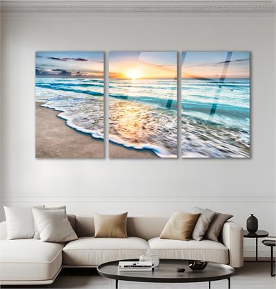 Soyut Deniz Gün BatımıManzaralı   Cam Tablo  Modern Ofis Makam Odası Hediyelik Büyük Tablo Duvar Dekoru 