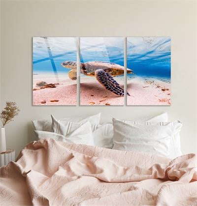 Soyut Denizde Yüzen Kaplumbağa  Cam Tablo  Modern Ofis Makam Odası Hediyelik Büyük Tablo Duvar Dekoru 