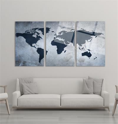 Soyut Dünya Haritası Gri Mavi Cam Tablo  Modern Ofis Makam Odası Hediyelik Büyük Tablo Duvar Dekoru 